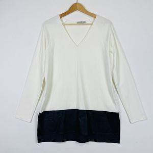 Natori Ivory Faux Leather Trim Long Sleeve V-Neck‎ Shirt Top Tunic Womens Large